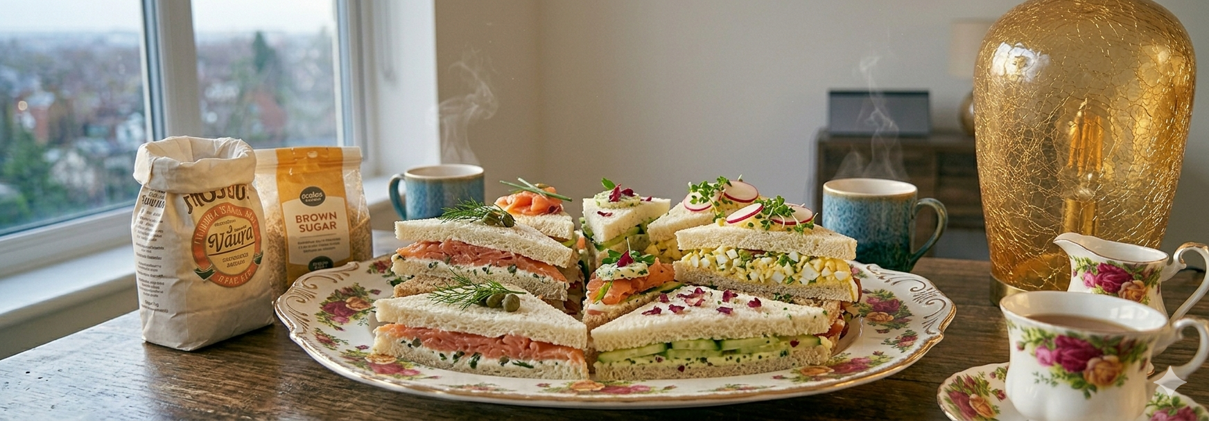 Elegant tea sandwiches cut into triangles arranged on a decorative platter