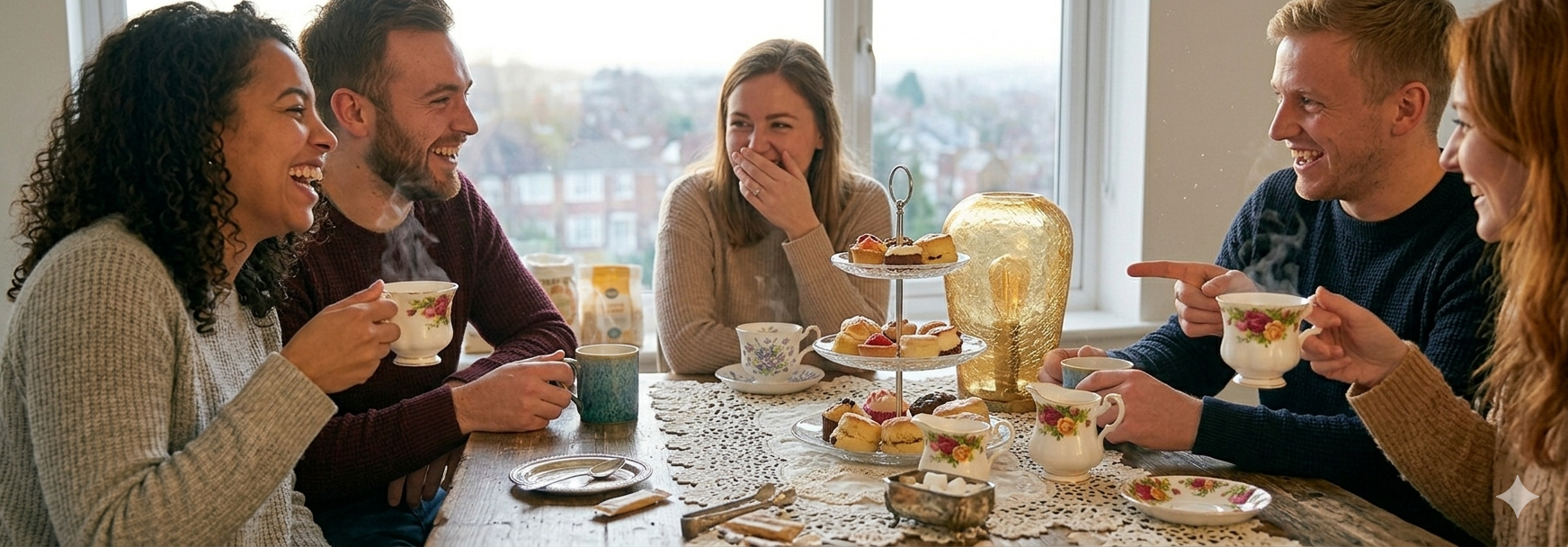 A group of friends laughing and enjoying tea time together around a decorated table