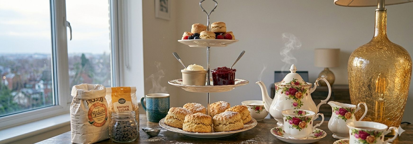 Fresh baked scones with clotted cream and jam arranged on a tiered serving stand with a teapot