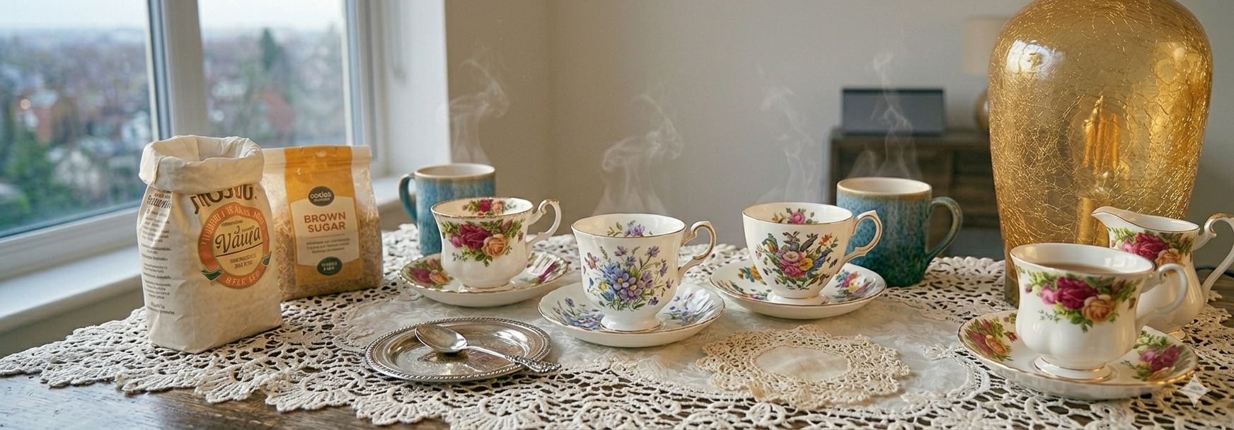 Pretty floral teacups and saucers set on a table with a lace tablecloth